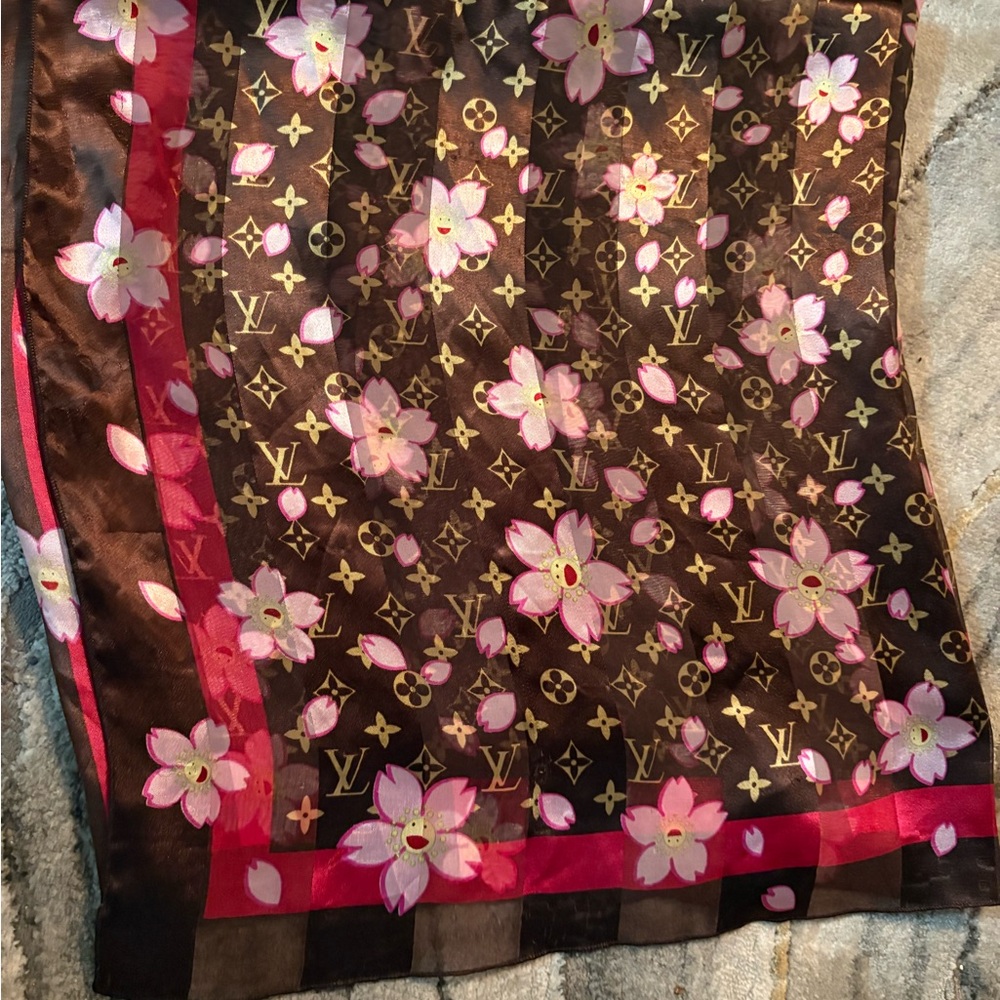 Louis Vuitton Brown Floral Monogram Silk-Feel Scarf with Pink Border